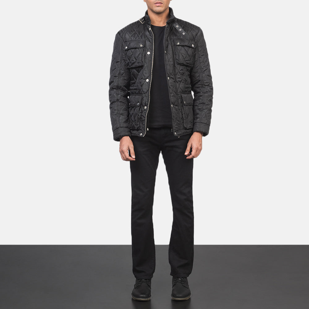 Nelson Quilted Black Windbreaker Jacket - men's jacket in black nylon-polyester fabric, view 3