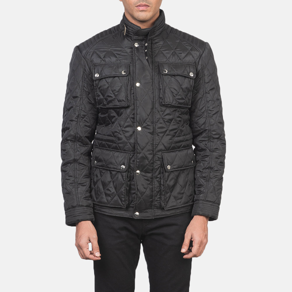 Nelson Quilted Black Windbreaker Jacket - men's jacket in black nylon-polyester fabric, view 4