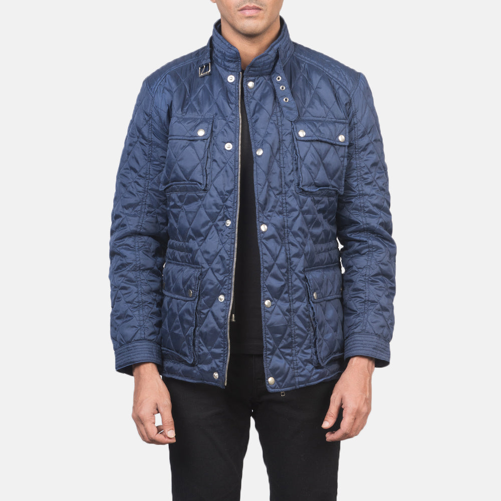 Nelson Quilted Blue Windbreaker Jacket - men's jacket in blue nylon-polyester fabric, view 1