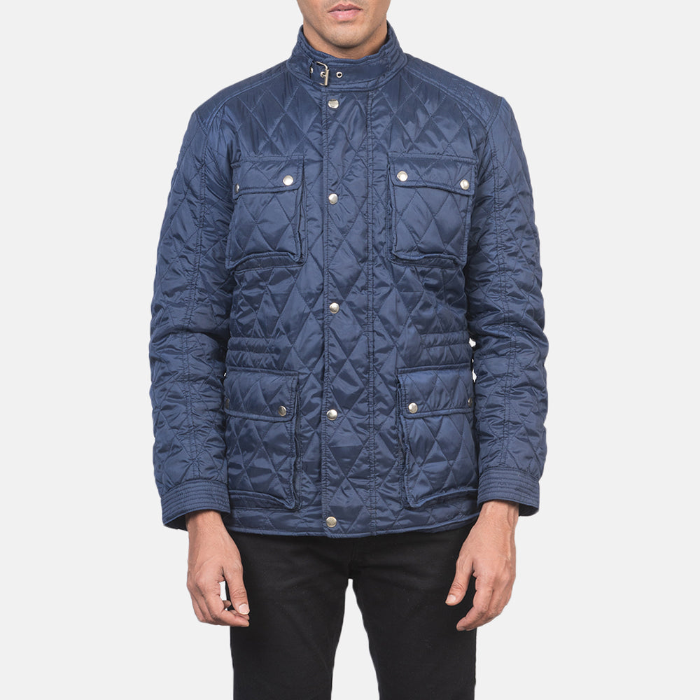 Nelson Quilted Blue Windbreaker Jacket - men's jacket in blue nylon-polyester fabric, view 3