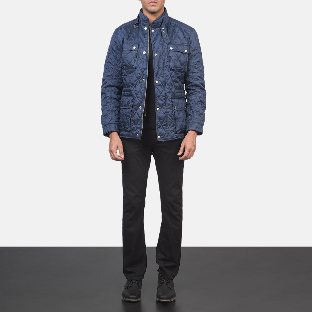 Nelson Quilted Blue Windbreaker Jacket - men's jacket in blue nylon-polyester fabric, view 4