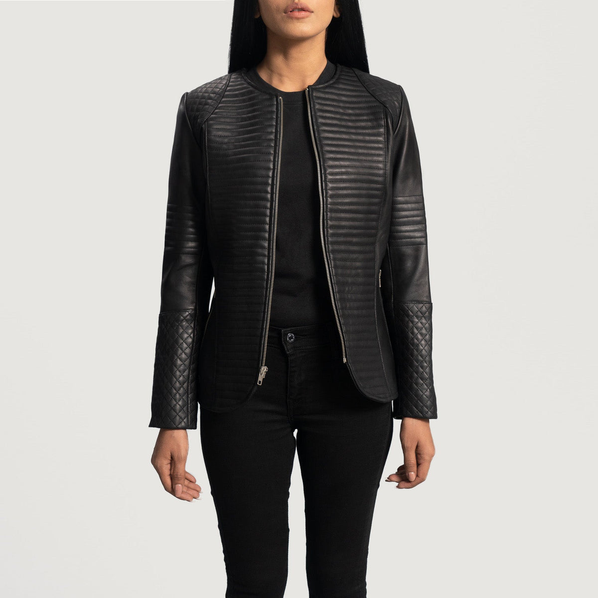 Nexi Quilted Black Leather Jacket - women's jacket in black sheepskin leather, view 1