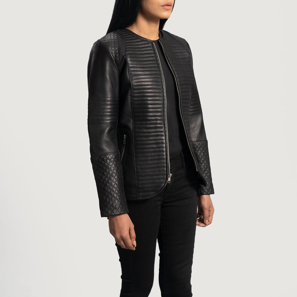 Nexi Quilted Black Leather Jacket - women's jacket in black sheepskin leather, view 2