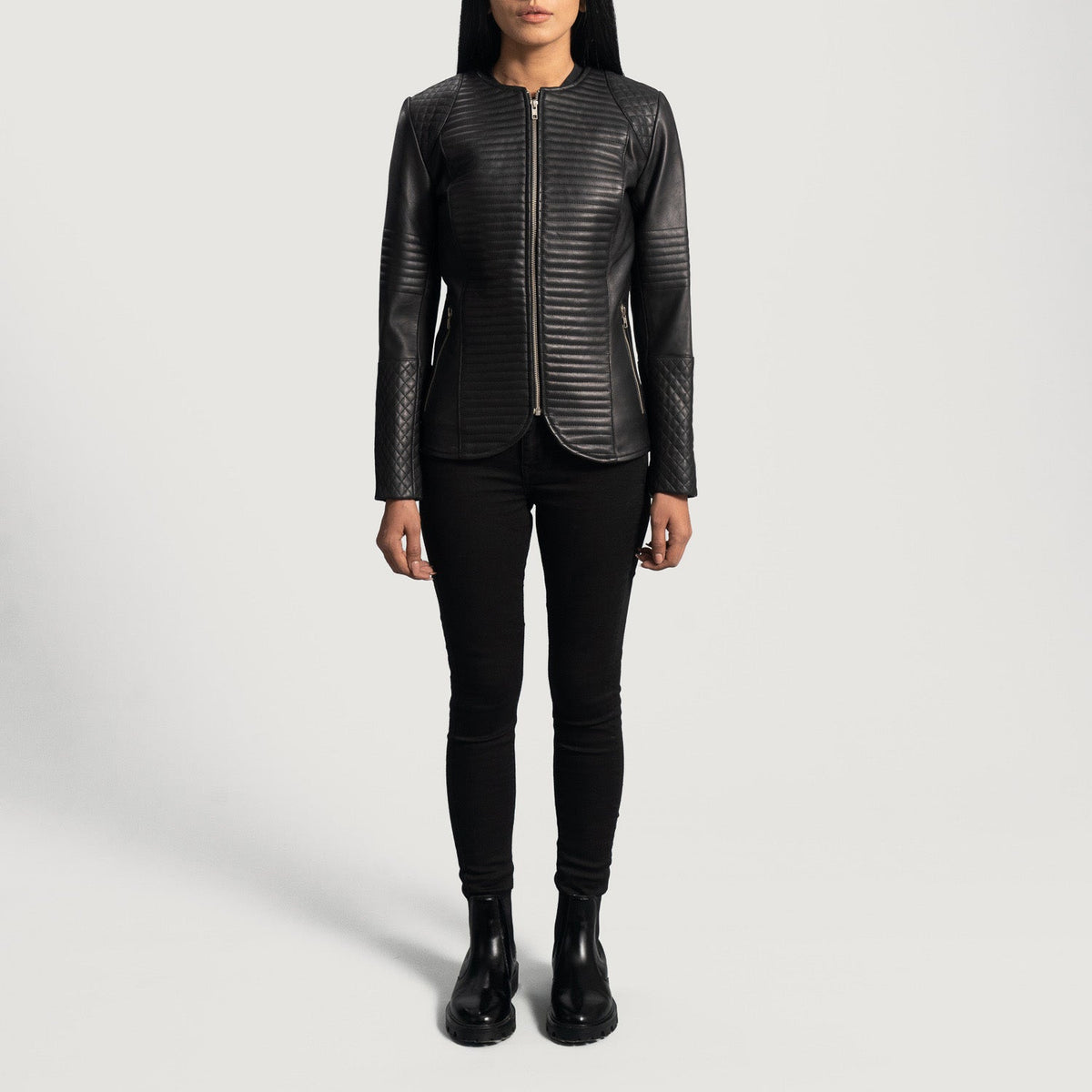 Nexi Quilted Black Leather Jacket - women's jacket in black sheepskin leather, view 3
