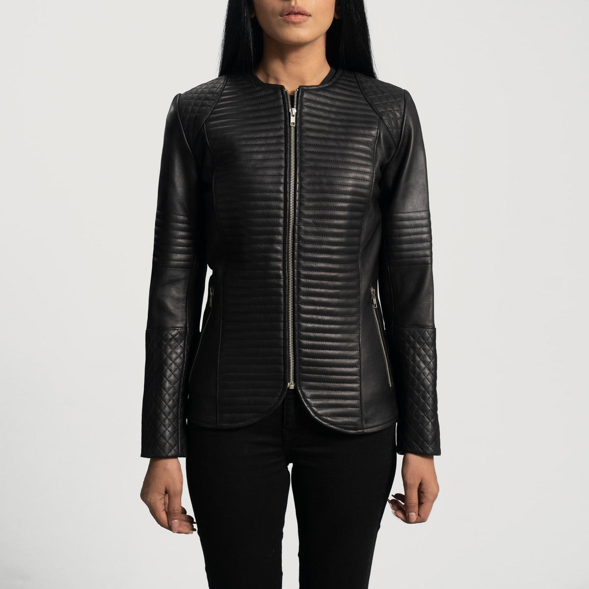 Nexi Quilted Black Leather Jacket - women's jacket in black sheepskin leather, view 4