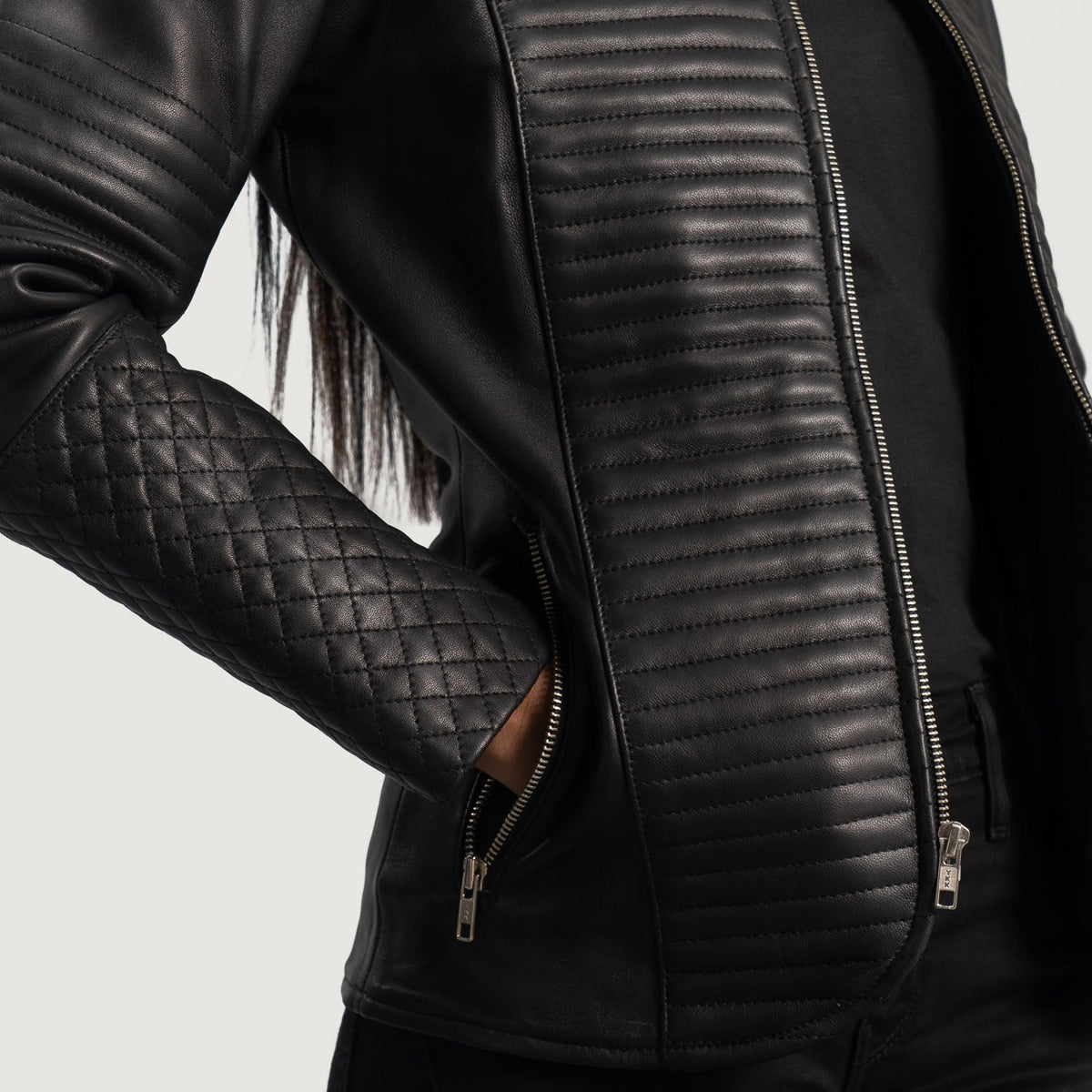 Nexi Quilted Black Leather Jacket - women's jacket in black sheepskin leather, view 6