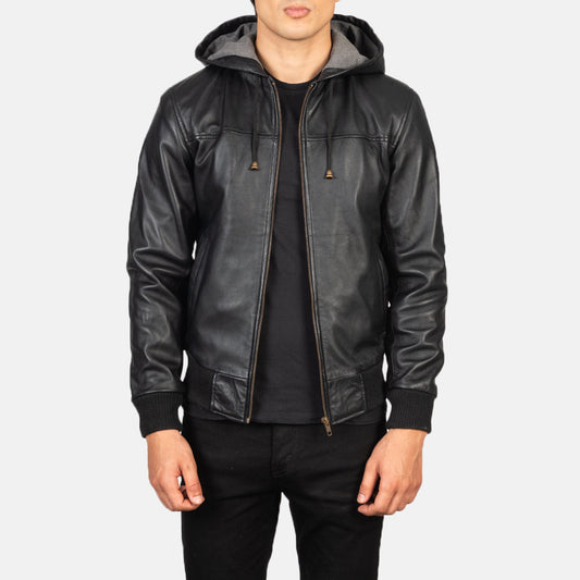 Nintenzo Black Hooded Leather Bomber Jacket - men's jacket in black sheepskin leather, view 1