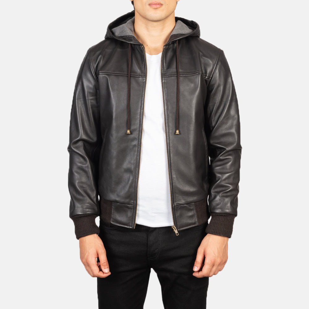 Nintenzo Brown Hooded Leather Bomber Jacket - men's jacket in brown sheepskin leather, view 1