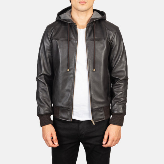 Nintenzo Brown Hooded Leather Bomber Jacket - men's jacket in brown sheepskin leather, view 1