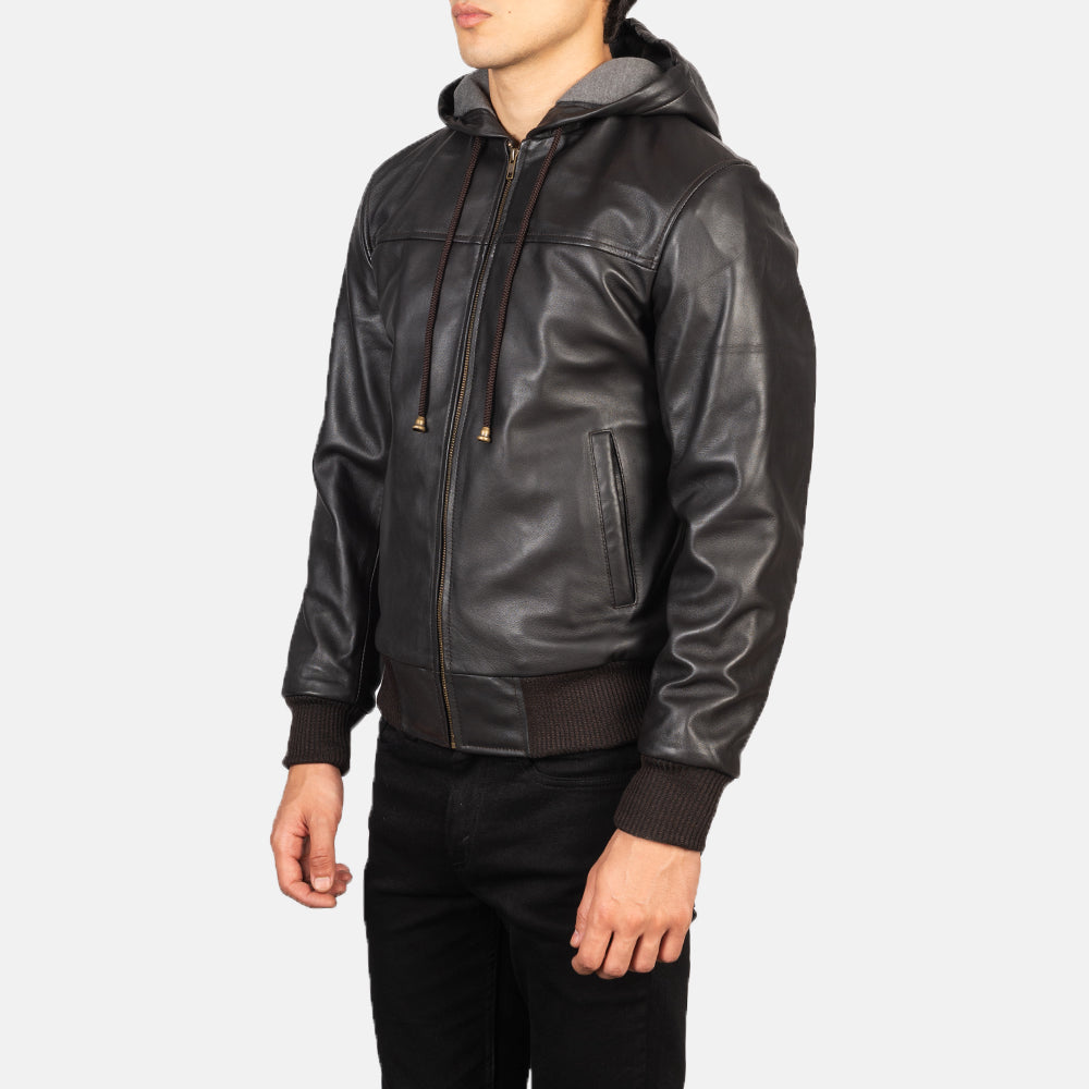Nintenzo Brown Hooded Leather Bomber Jacket - men's jacket in brown sheepskin leather, view 2