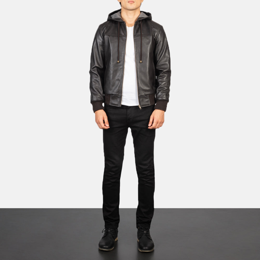 Nintenzo Brown Hooded Leather Bomber Jacket - men's jacket in brown sheepskin leather, view 3