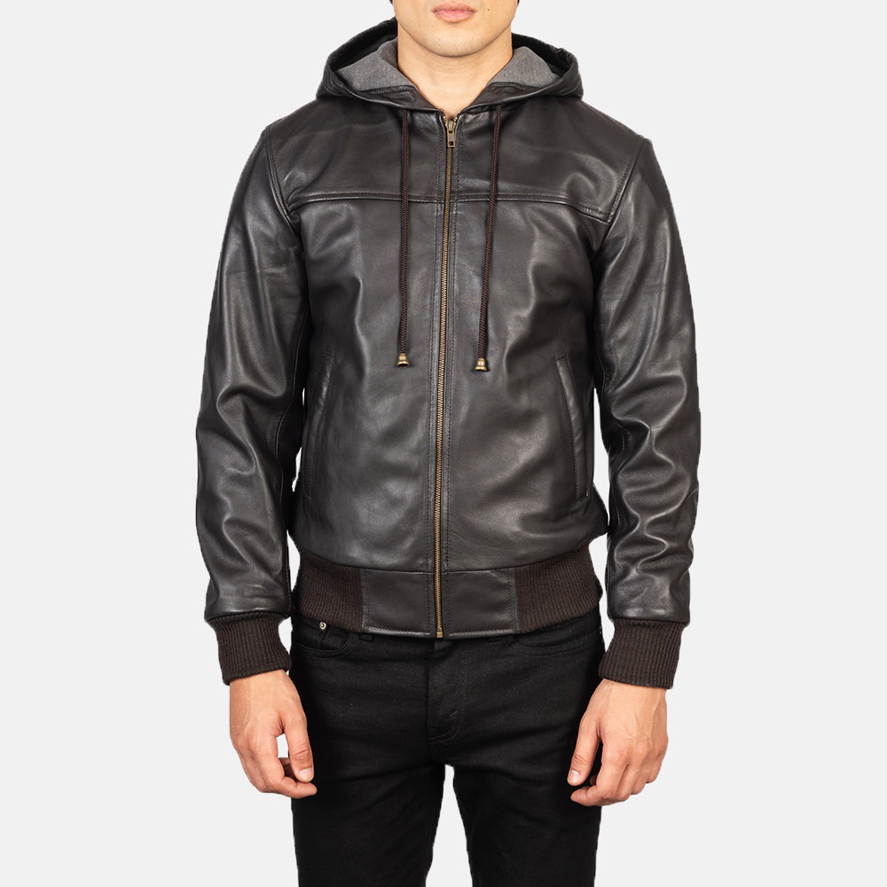 Nintenzo Brown Hooded Leather Bomber Jacket - men's jacket in brown sheepskin leather, view 4