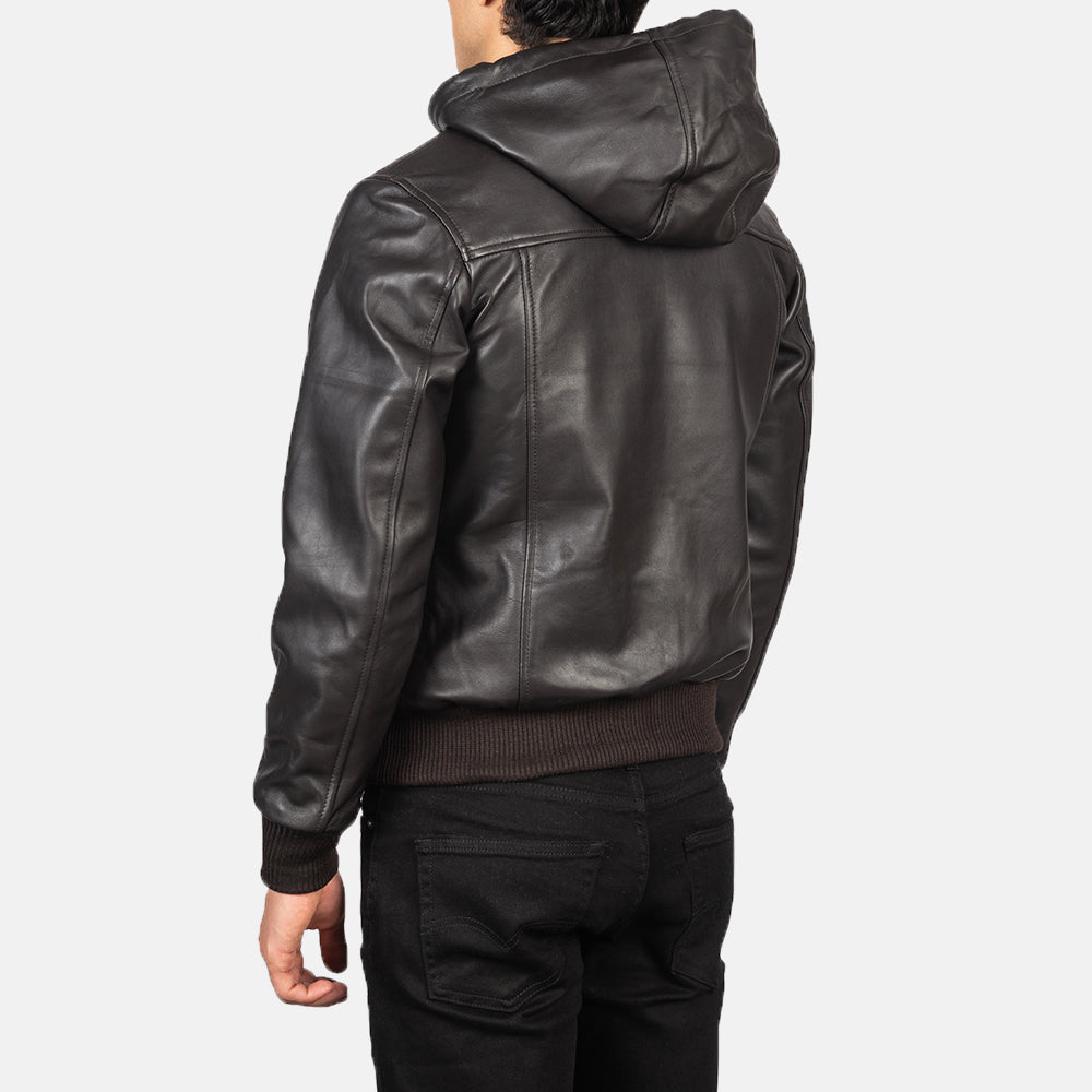Nintenzo Brown Hooded Leather Bomber Jacket - men's jacket in brown sheepskin leather, view 5