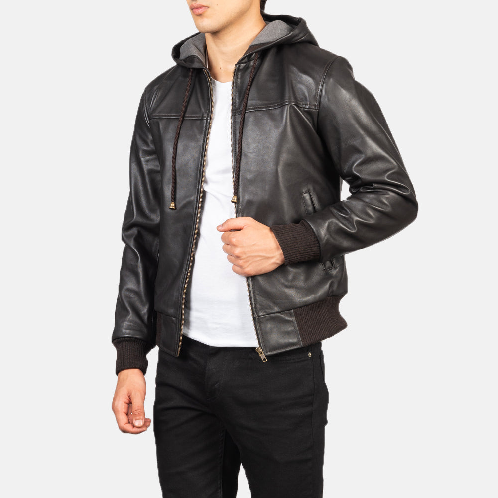 Nintenzo Brown Hooded Leather Bomber Jacket - men's jacket in brown sheepskin leather, view 6