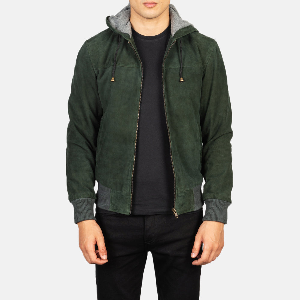 Nintenzo Green Hooded Suede Bomber Jacket - men's jacket in green suede leather, view 1