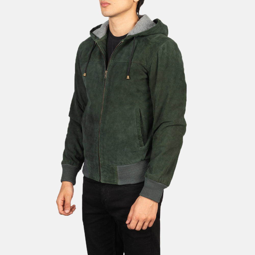 Nintenzo Green Hooded Suede Bomber Jacket - men's jacket in green suede leather, view 2