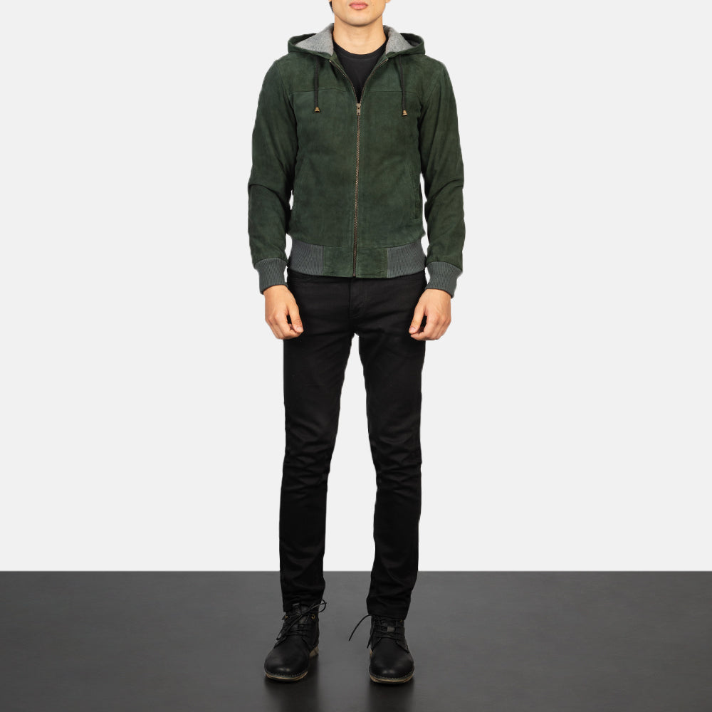 Nintenzo Green Hooded Suede Bomber Jacket - men's jacket in green suede leather, view 3