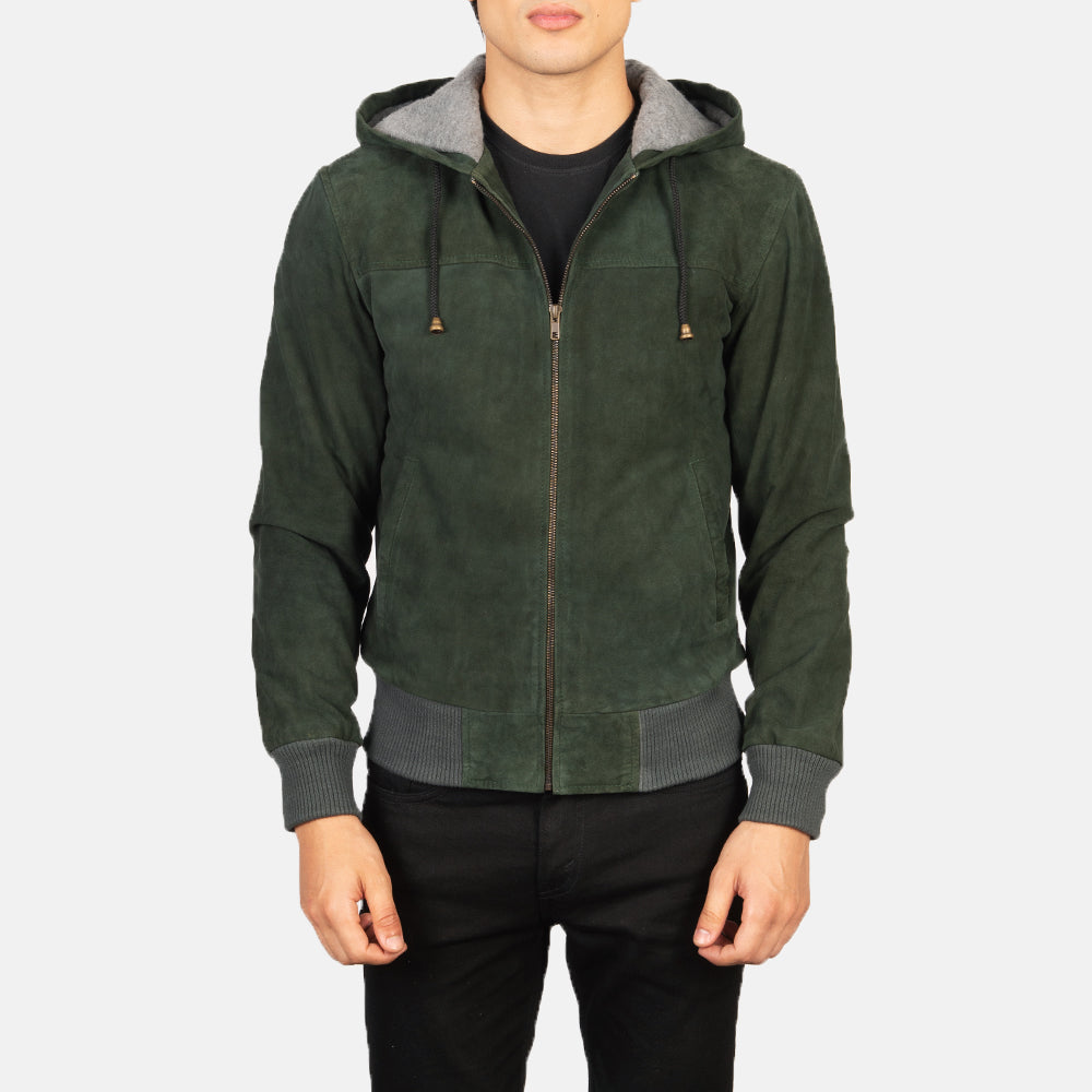 Nintenzo Green Hooded Suede Bomber Jacket - men's jacket in green suede leather, view 4