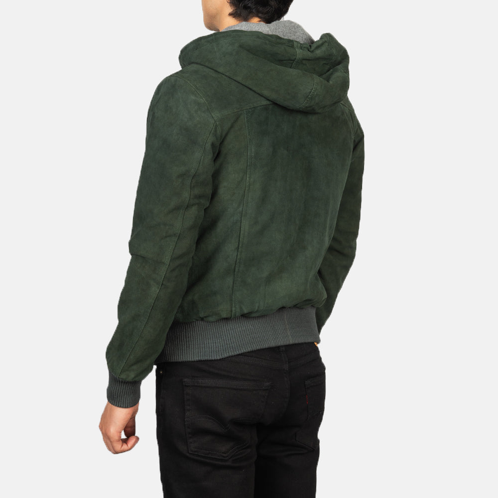 Nintenzo Green Hooded Suede Bomber Jacket - men's jacket in green suede leather, view 5