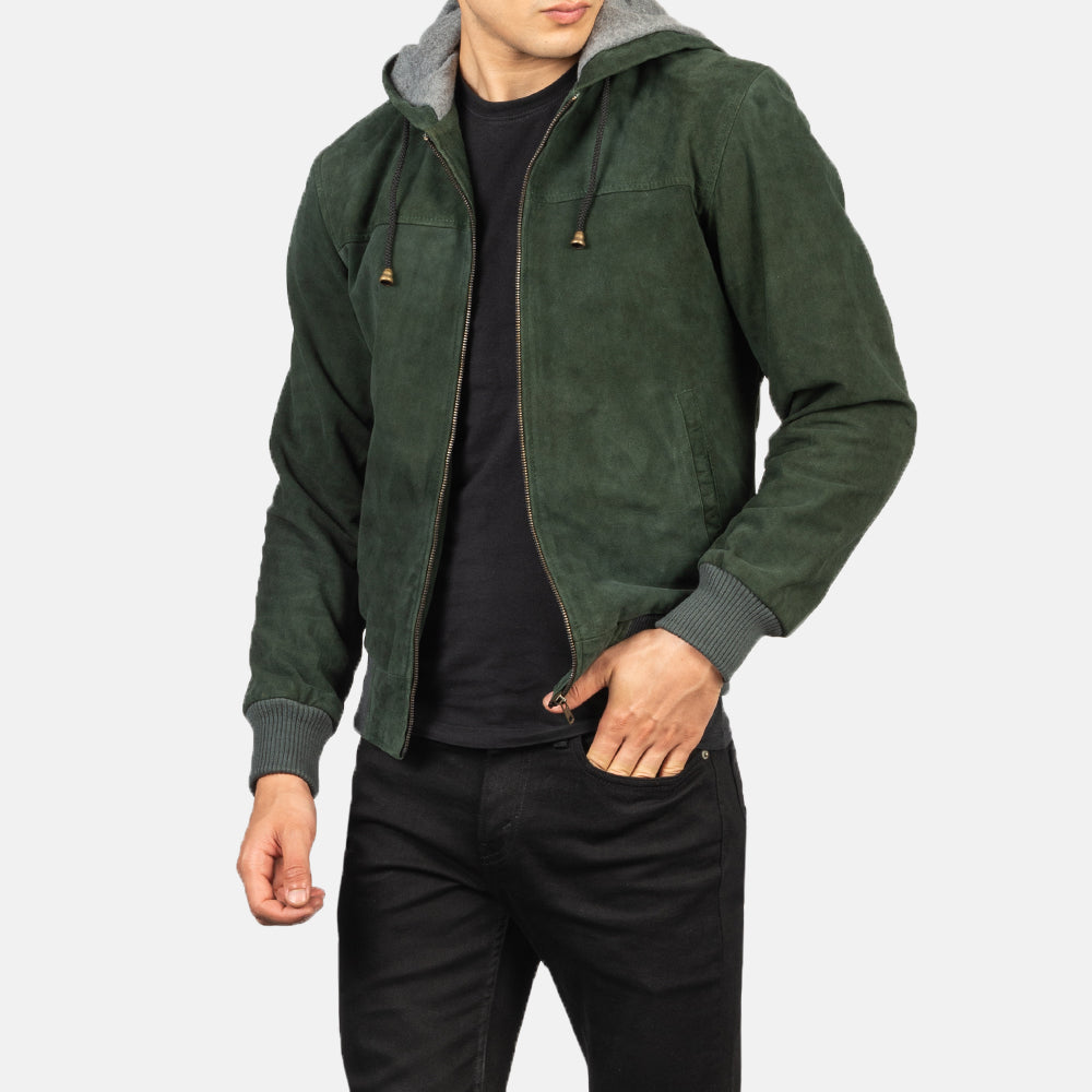 Nintenzo Green Hooded Suede Bomber Jacket - men's jacket in green suede leather, view 6
