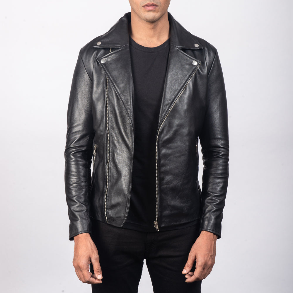 Noah Black Leather Biker Jacket - men's jacket in black sheepskin leather, view 1