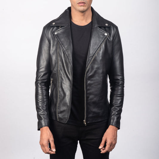 Noah Black Leather Biker Jacket - men's jacket in black sheepskin leather, view 1