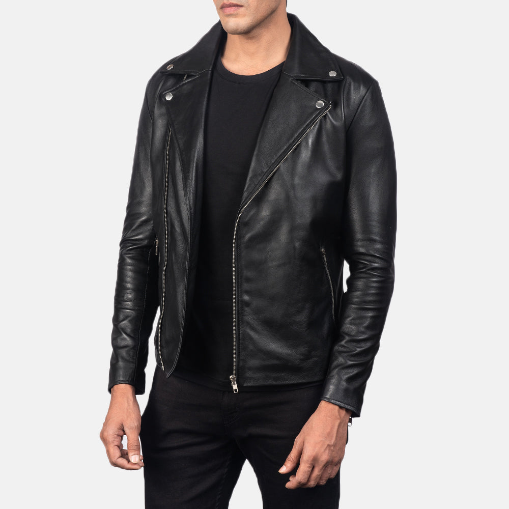 Noah Black Leather Biker Jacket - men's jacket in black sheepskin leather, view 2