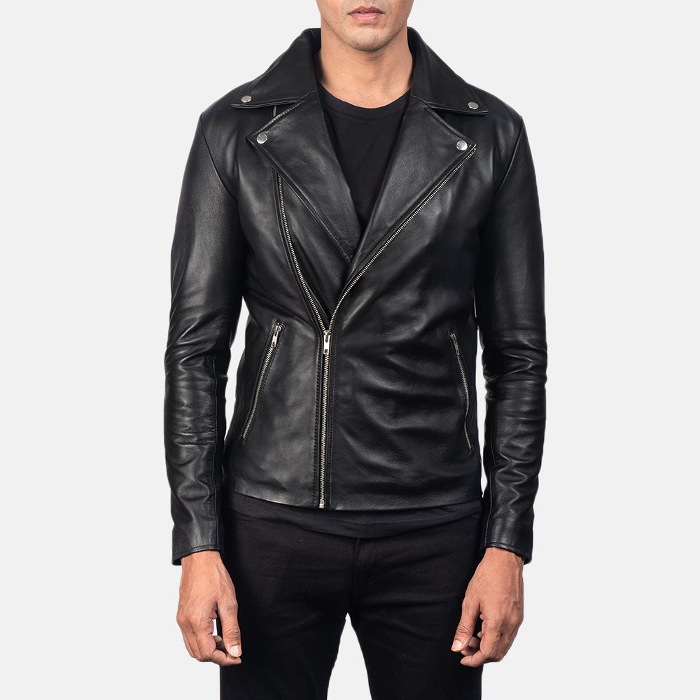 Noah Black Leather Biker Jacket - men's jacket in black sheepskin leather, view 3