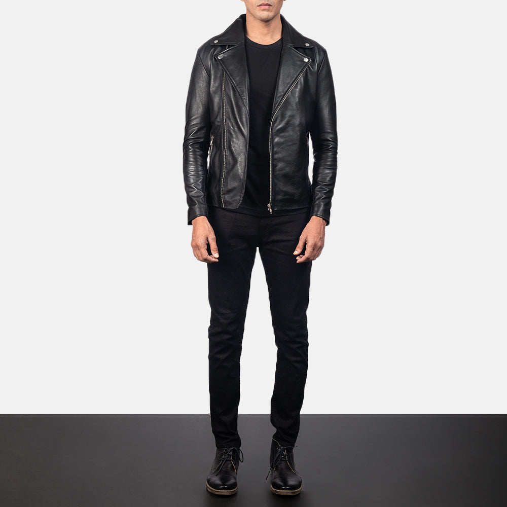 Noah Black Leather Biker Jacket - men's jacket in black sheepskin leather, view 4
