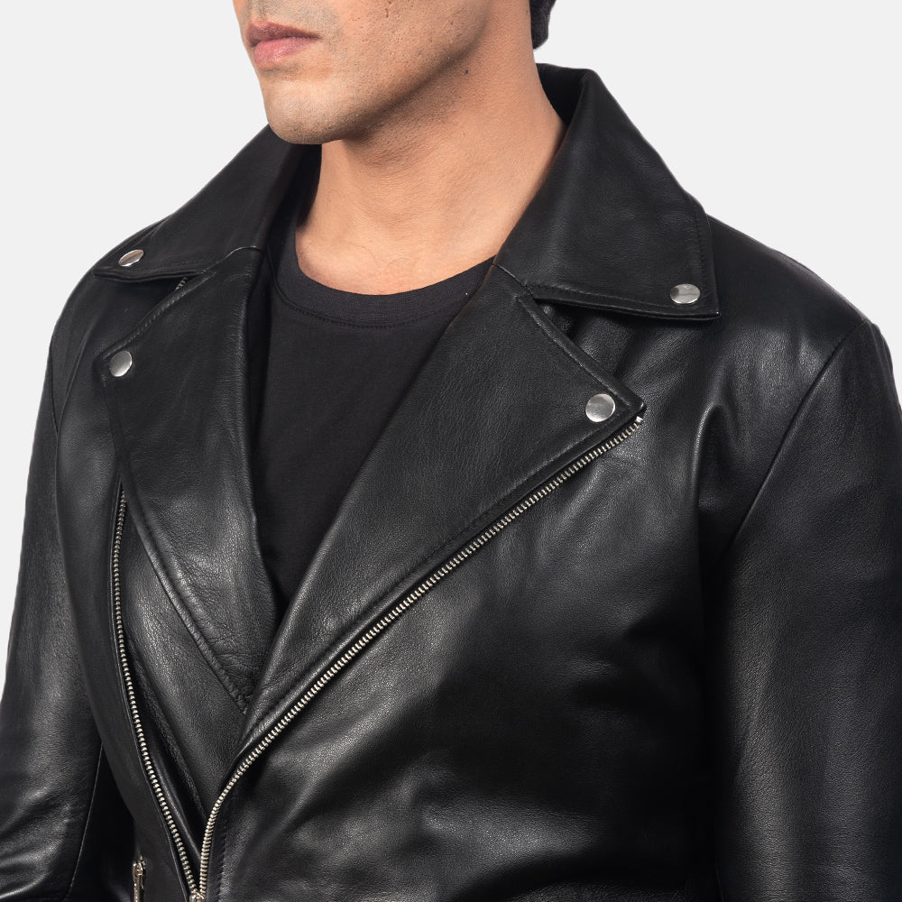 Noah Black Leather Biker Jacket - men's jacket in black sheepskin leather, view 5