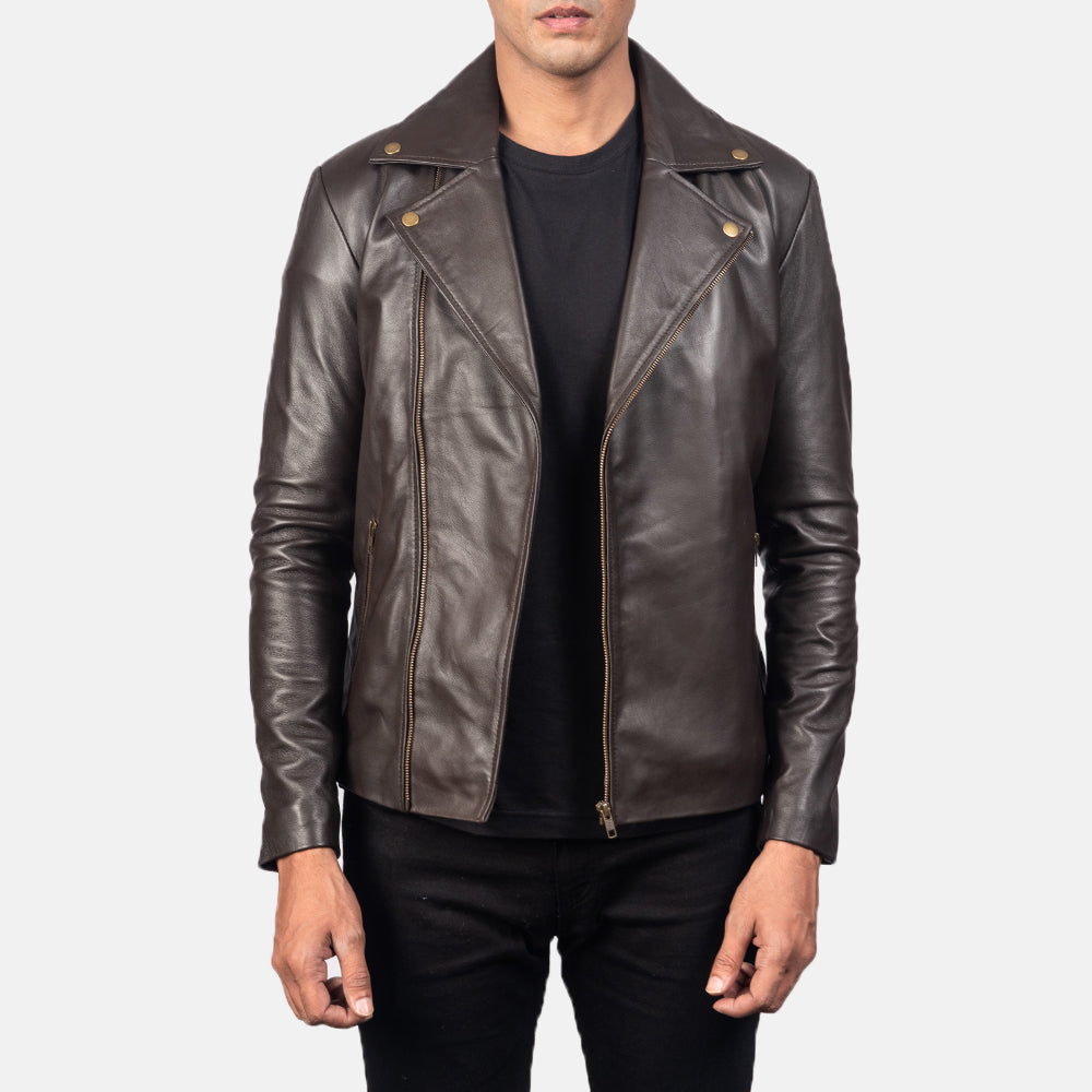 Noah Brown Leather Biker Jacket - men's jacket in brown sheepskin leather, view 1