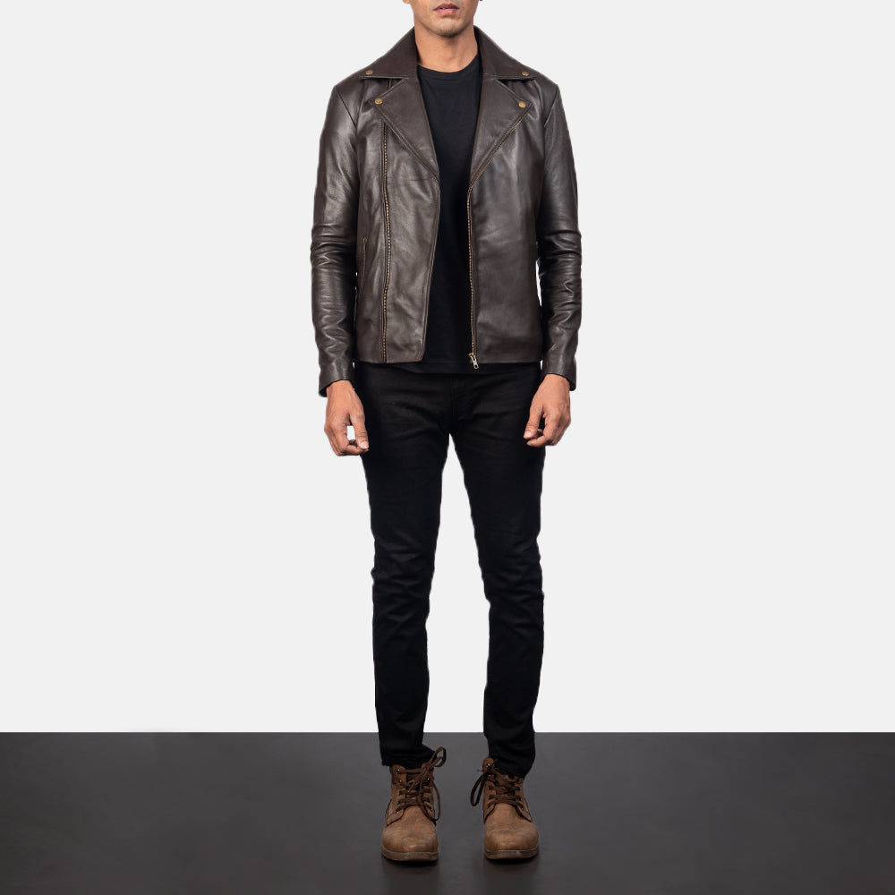 Noah Brown Leather Biker Jacket - men's jacket in brown sheepskin leather, view 4