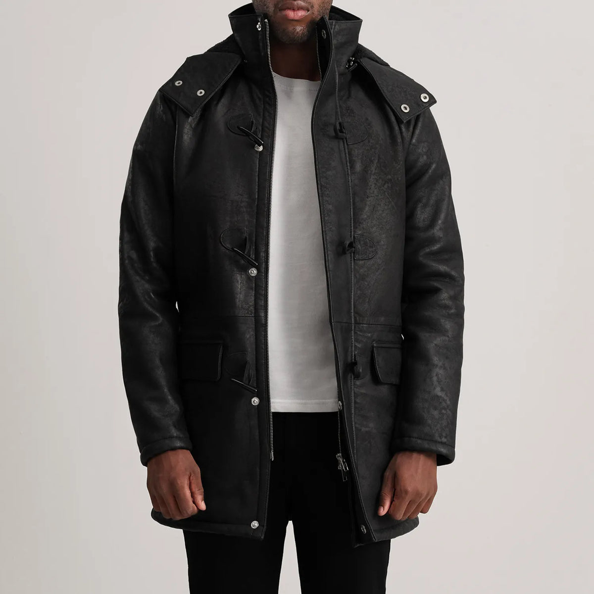 Nolan Distressed Black Leather Duffle Coat - men's coat in black sheepskin leather, view 1