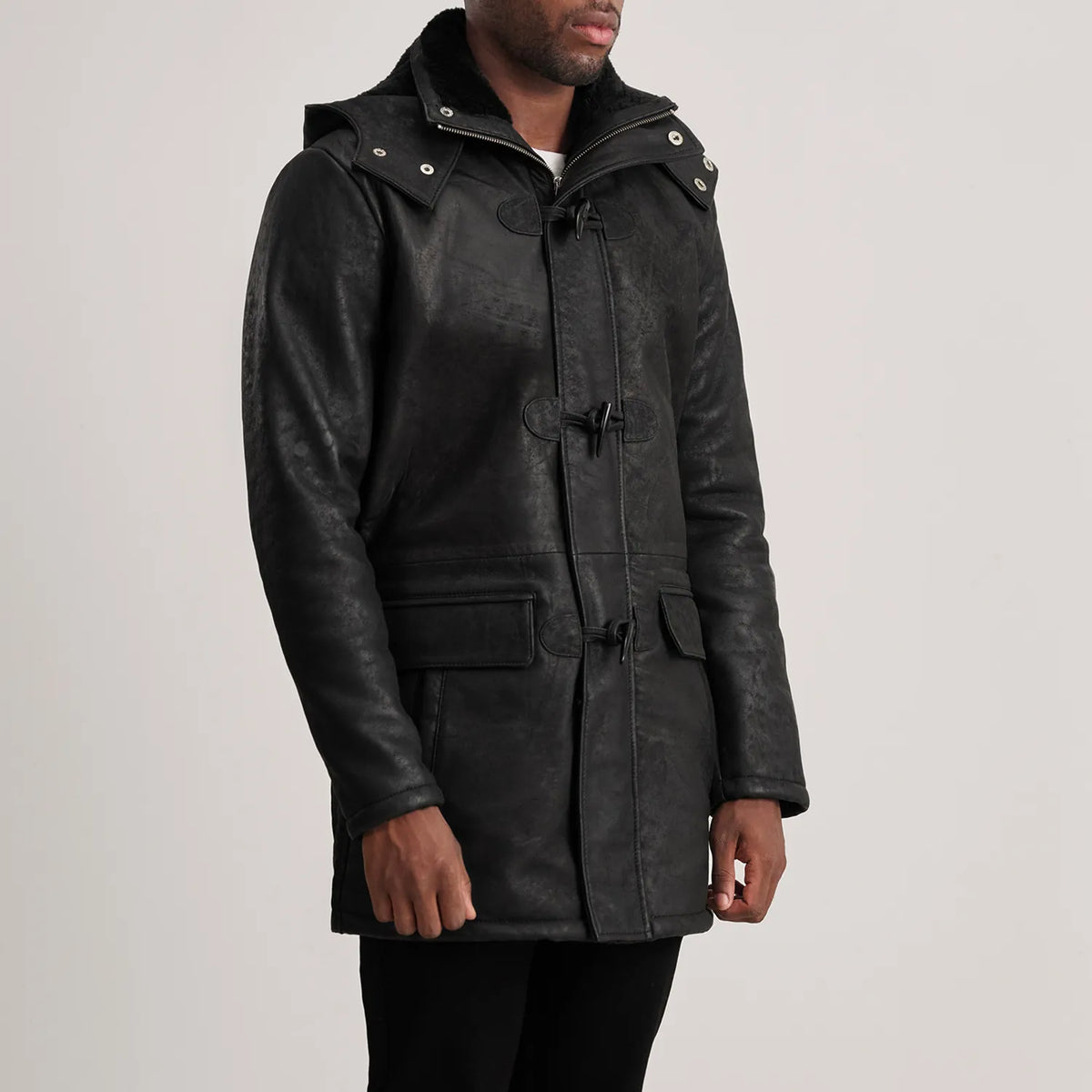 Nolan Distressed Black Leather Duffle Coat - men's coat in black sheepskin leather, view 2