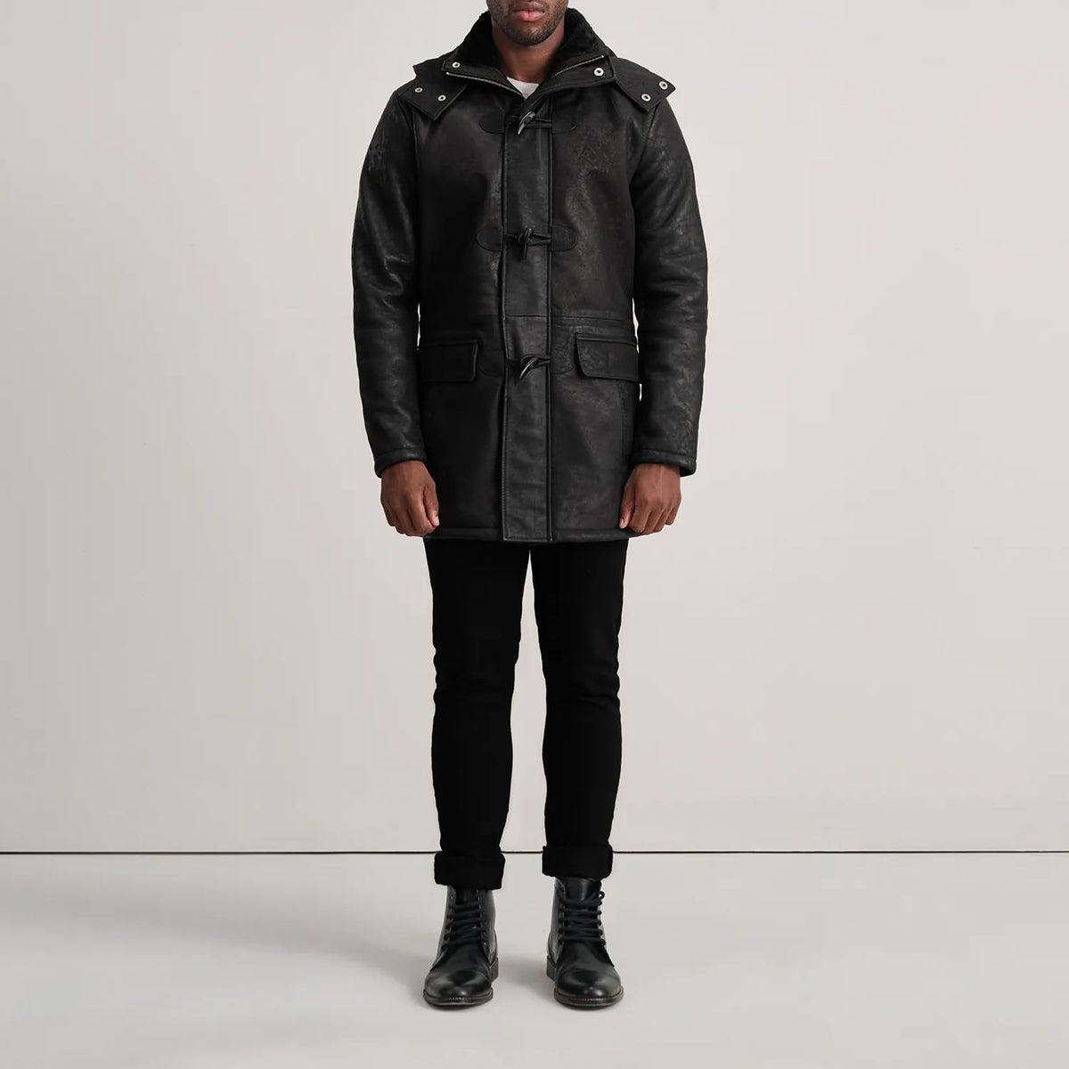 Nolan Distressed Black Leather Duffle Coat - men's coat in black sheepskin leather, view 3