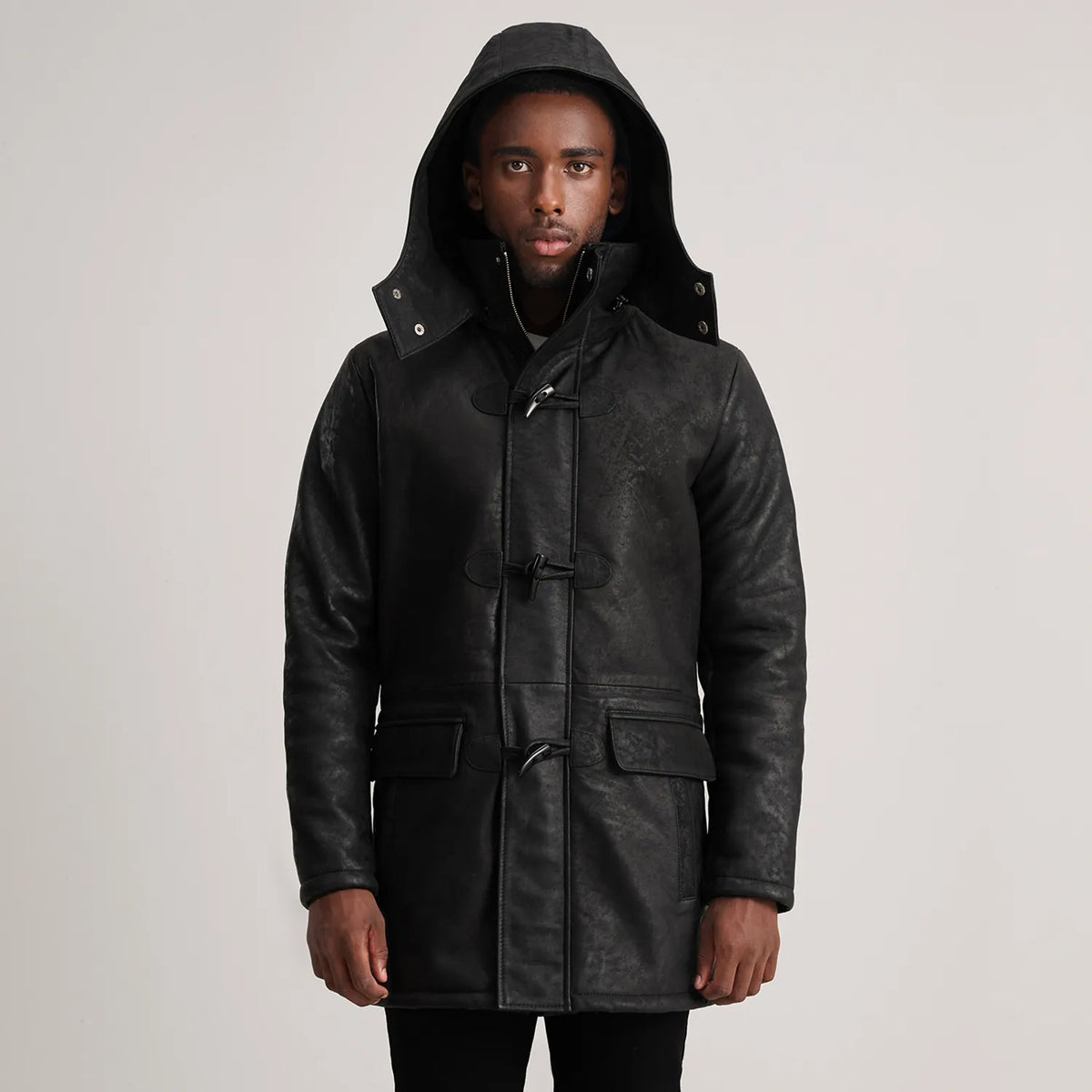 Nolan Distressed Black Leather Duffle Coat - men's coat in black sheepskin leather, view 4