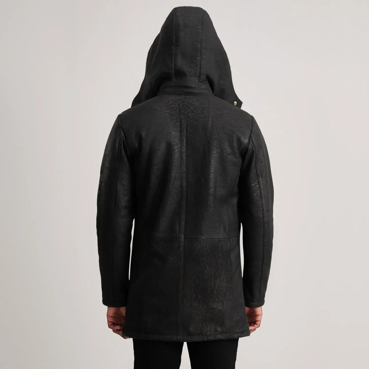 Nolan Distressed Black Leather Duffle Coat - men's coat in black sheepskin leather, view 5