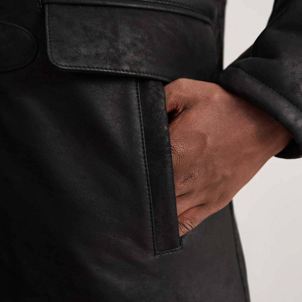 Nolan Distressed Black Leather Duffle Coat - men's coat in black sheepskin leather, view 6