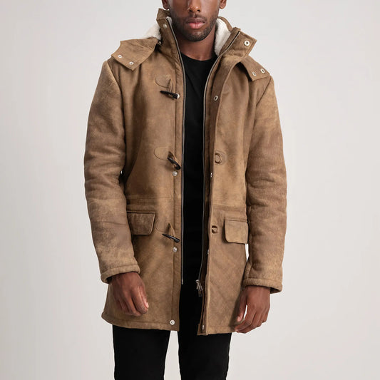 Nolan Distressed Brown Leather Duffle Coat - men's coat in brown sheepskin leather, view 1