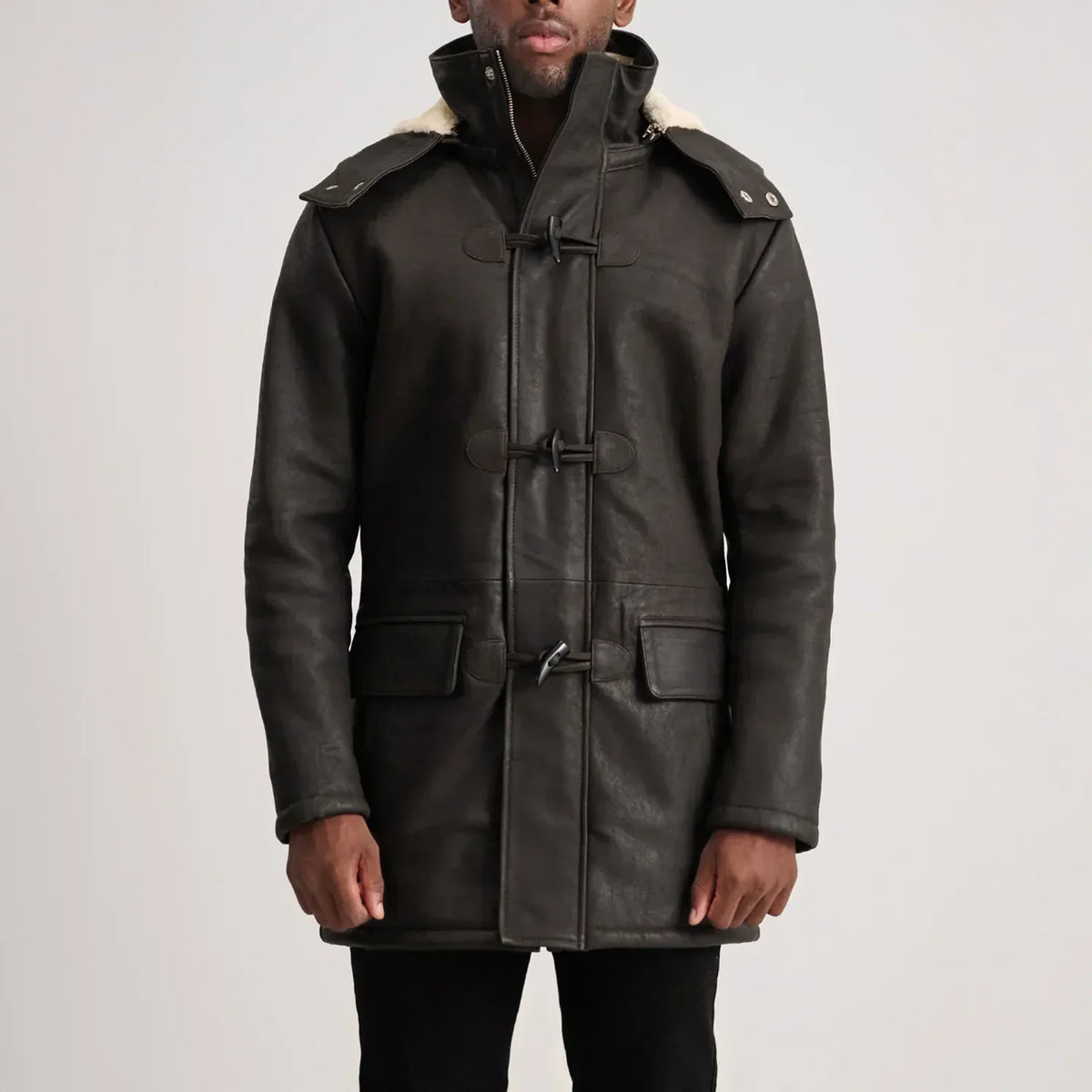 Nolan Tumbled Brown Leather Duffle Coat - men's coat in brown sheepskin leather, view 1