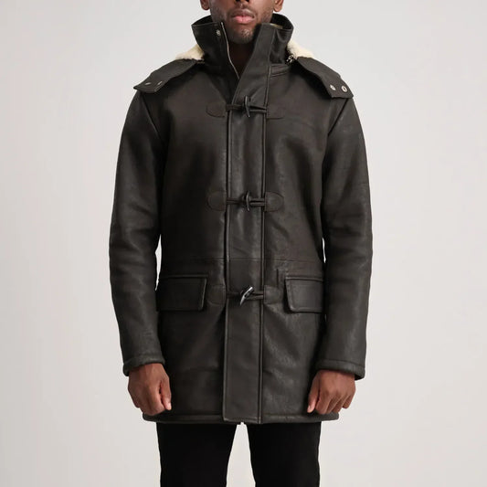 Nolan Tumbled Brown Leather Duffle Coat - men's coat in brown sheepskin leather, view 1