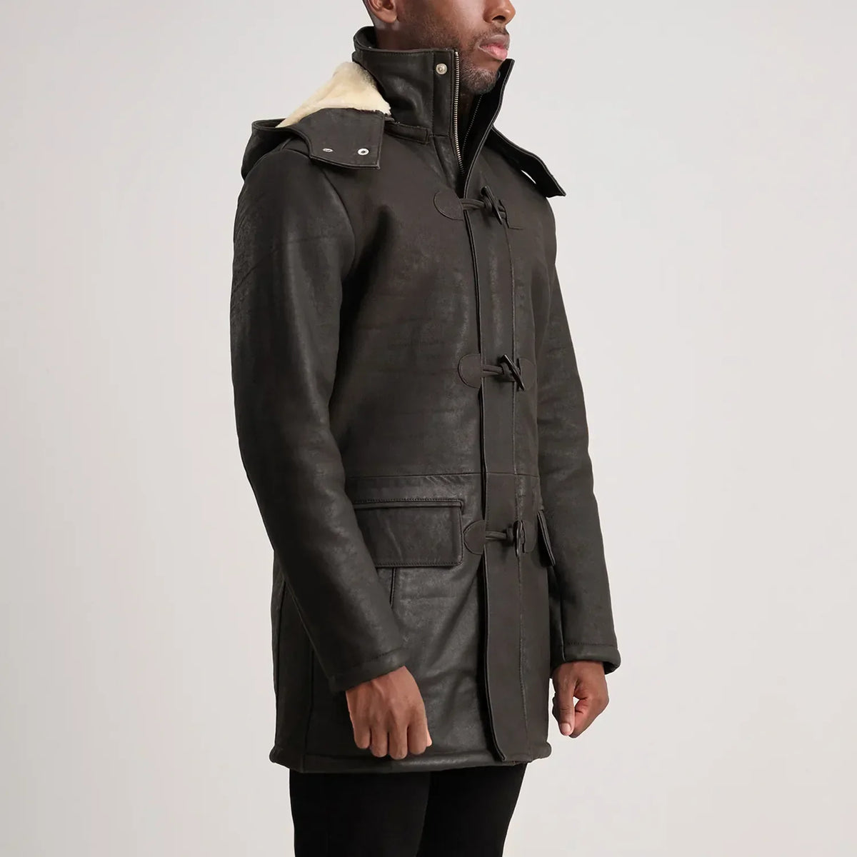 Nolan Tumbled Brown Leather Duffle Coat - men's coat in brown sheepskin leather, view 2