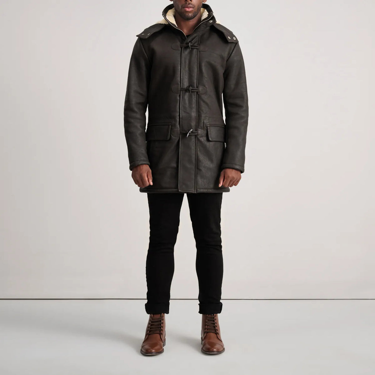 Nolan Tumbled Brown Leather Duffle Coat - men's coat in brown sheepskin leather, view 3