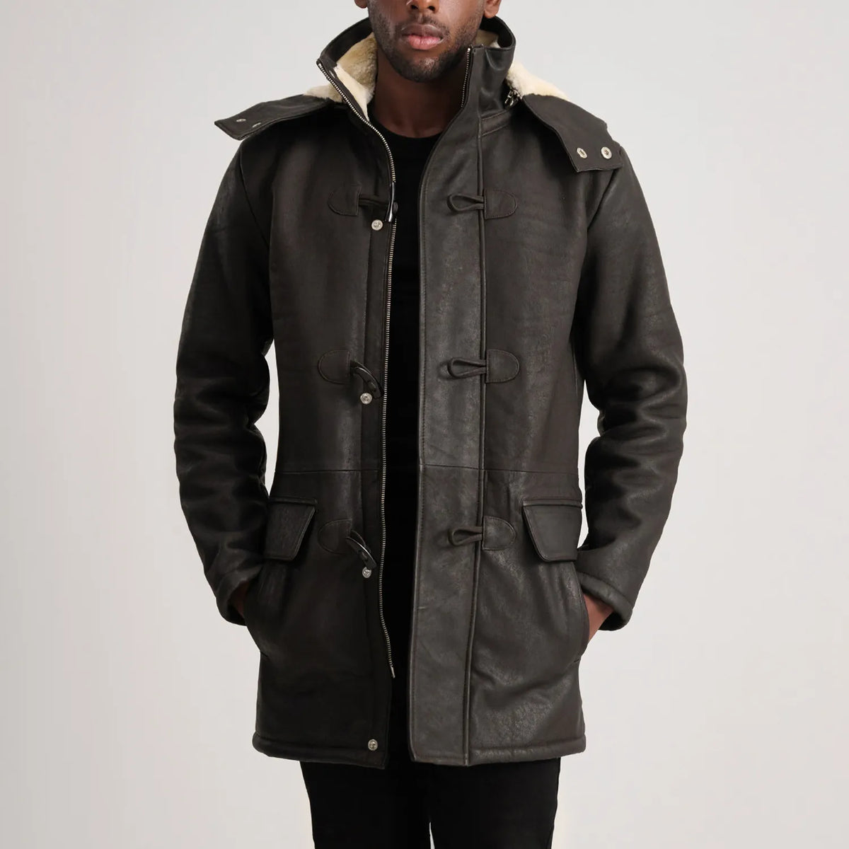 Nolan Tumbled Brown Leather Duffle Coat - men's coat in brown sheepskin leather, view 4
