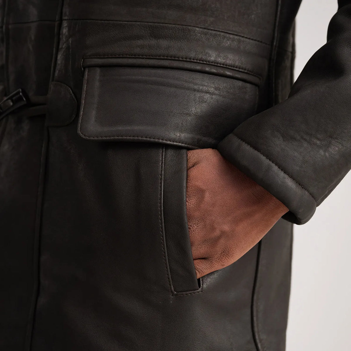 Nolan Tumbled Brown Leather Duffle Coat - men's coat in brown sheepskin leather, view 6