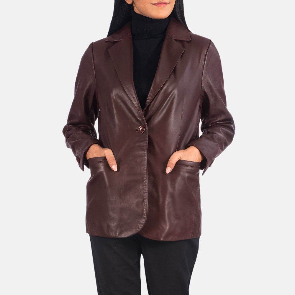 Norma Maroon Leather Blazer - women's blazer in maroon sheepskin leather, view 1