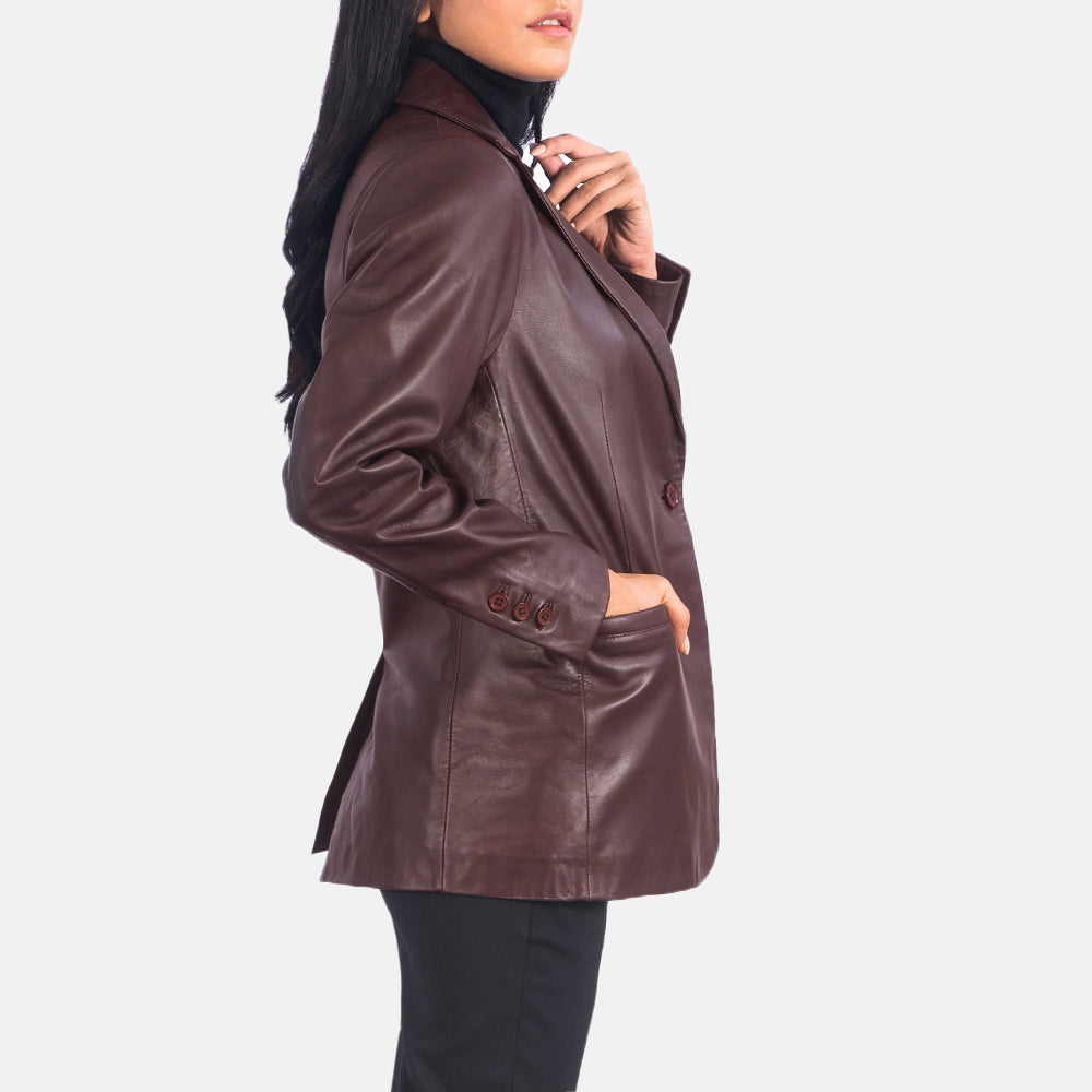 Norma Maroon Leather Blazer - women's blazer in maroon sheepskin leather, view 2