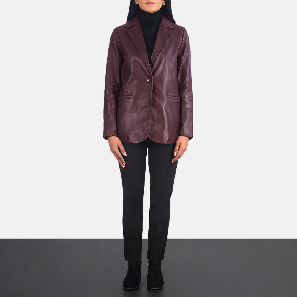 Norma Maroon Leather Blazer - women's blazer in maroon sheepskin leather, view 3