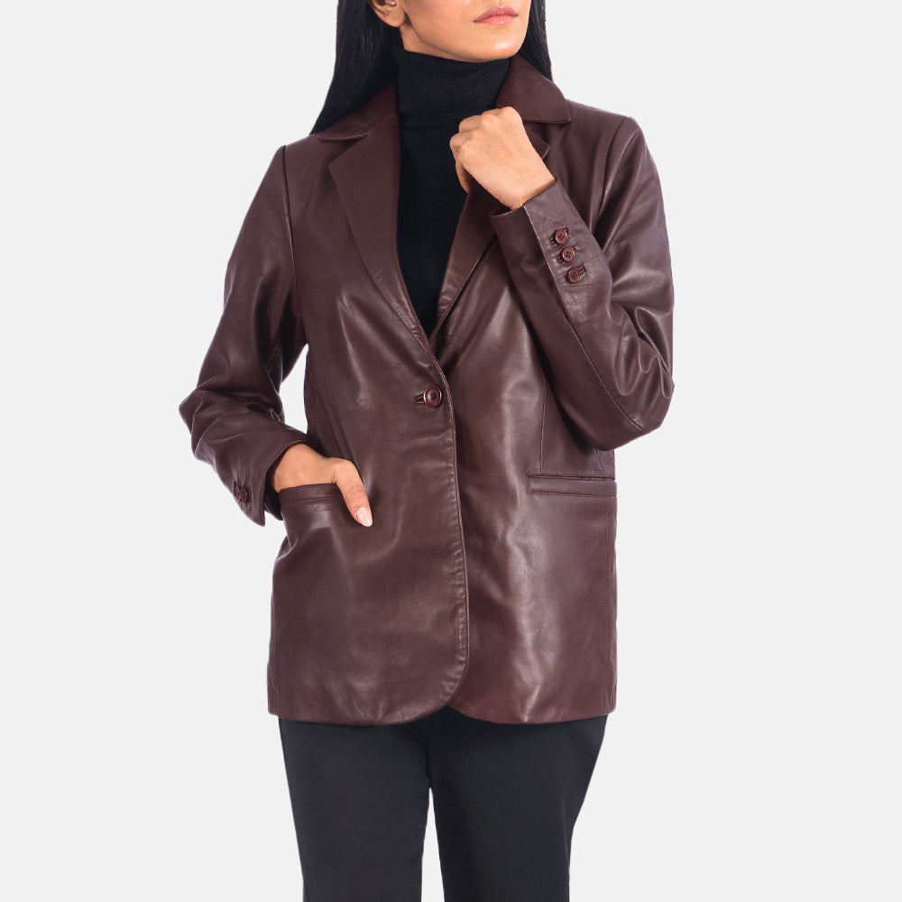 Norma Maroon Leather Blazer - women's blazer in maroon sheepskin leather, view 4