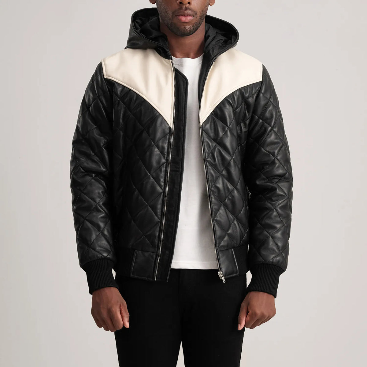 Norman Black Hooded Bomber Leather Puffer Jacket - men's jacket in black sheepskin leather, view 1